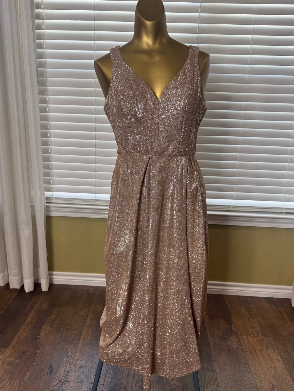 B. Smart Shimmery Rose Gold V-Neck Midi Dress